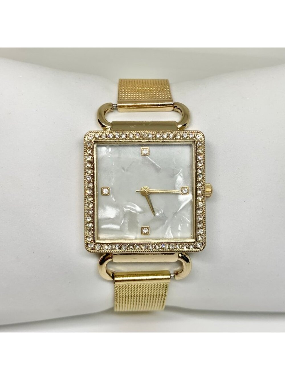 Women’s gold tone watch 27mm square case mop dial rhinestones mesh band running